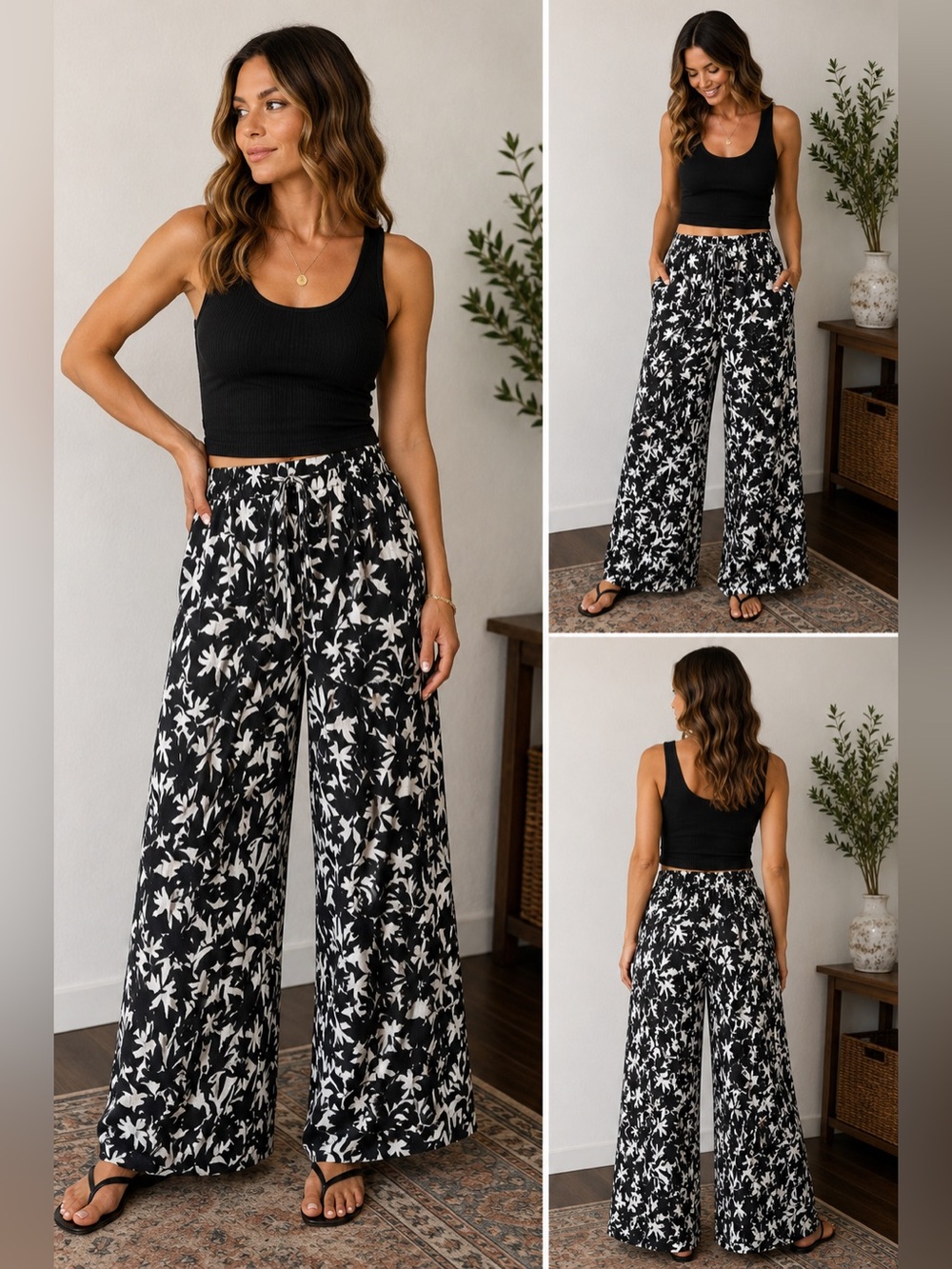 RD Style Black and White Abstract Floral Pants